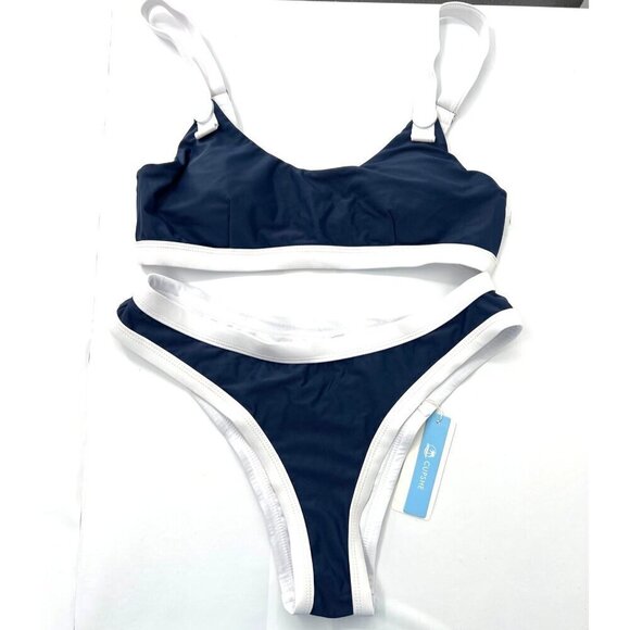 Cupshe Womens Bikini Blue with White Contrasting Size Small Nautical Cheeky NWT - Picture 1 of 7